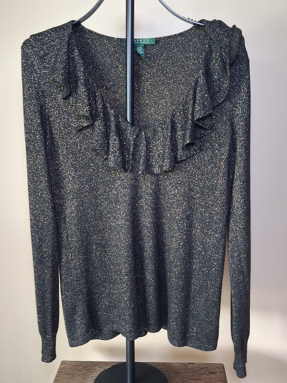 LAUREN Ralph Lauren Women's Metallic Black W/Metallic Gold Ruffle Neck Top; Sz.M